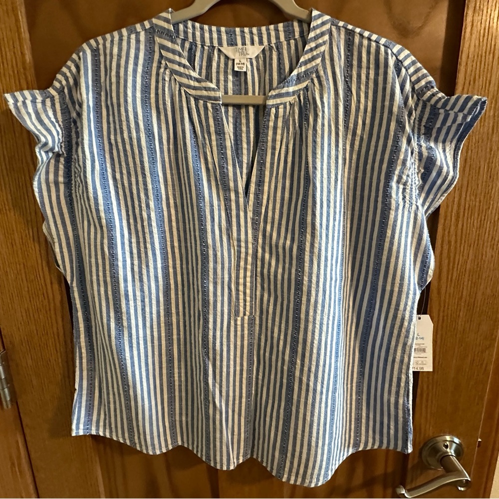 Time and Tru Blue and White Striped Blouse